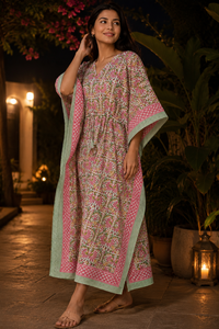 Robe Kaftan en Coton Imprimé Floral Rose pour Femme, Faite à la Main, Style Bohème, Manches Courtes, Coupe Ample, Élégante, Automne/Printemps - Product Image 3