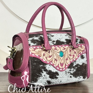 Sacs de voyage week-end personnalisés en cuir de vachette premium, 15 pouces, grande capacité, motif floral, pierre turquoise, style western - Product Image 1