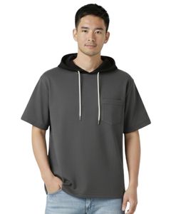 เสื้อยืดมีฮู้ดแขนสั้นสีเทาชาร์โคลสำหรับผู้ชาย มีกระเป๋าแบบมีเชือกผูก ฮู้ดแบบสวมใส่สบาย สไตล์สตรีทแวร์ เสื้อผ้าลำลองสำหรับฤดูร้อน ทรงโอเวอร์ไซส์ แฟชั่นผ้าฝ้าย - Product Image 1