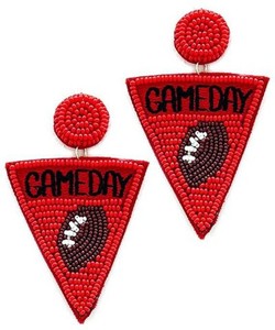 Gameday Football Beaded Drop <b>Earrings</b> <b>Red</b> Pyramid Shape Women's Casual Sporty Jewelry - Product Image 1