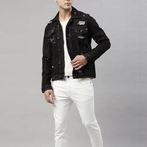 Custom <b>Black</b> Distressed Denim Jacket Wholesale <b>Paint</b> Splatter Accents Button Flap Chest Pockets Button Closures OEM USA Bulk Co - Product Image 5