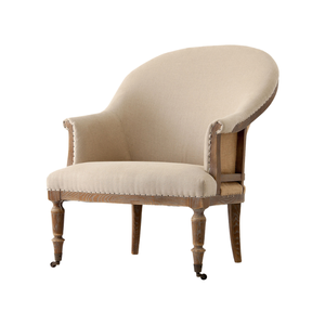 French Classic Handmade Accent <b>Chair</b> Solid Teak Upholstered Linen Fabric Curved <b>Back</b> Elegant Living Villa Home Office Hotel - Product Image 1