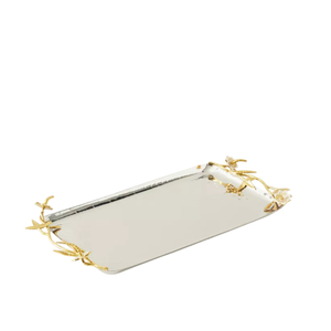 Plateau de service rectangulaire en acier inoxydable artisanal de luxe avec élégantes poignées en laiton doré à motifs floraux, plateau décoratif - Product Image 1