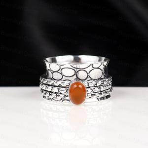 Vintage 925 Sterling Silver Plated Carnelian <b>Spinner</b> <b>Ring</b> for <b>Anxiety</b> Relief Boho Oval Red Agate Meditation Handmade Textured - Product Image 1