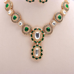 Emerald Polki <b>Necklace</b> Set Kundan Meena Design 22K Gold Plated Brass Bridal Jewelry Gift For Her - Product Image 3