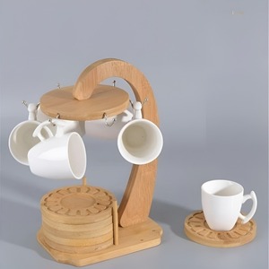 Wood Mug <b>Rack</b> with Rotating Stand and Coaster <b>Storage</b> <b>for</b> <b>Kitchen</b> Countertop Minimalist Design - Product Image 1