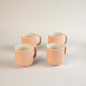 Misty Rose Ribbed Nordic Design Bone China Ceramic Coffee Mug <b>Set</b> of 4 Microwave Safe with High Quality <b>PC</b> Tray 400ml Capacity - Product Image 3
