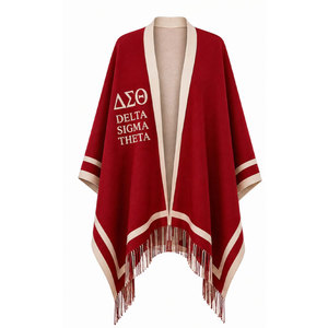 Delta Sigma Theta Wool <b>Poncho</b> Red Cream Fringe 1913 Print Women's Long Winter Shawl - Product Image 2