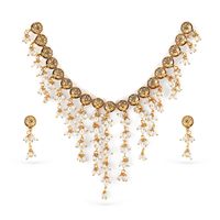 Parure de bijoux vintage plaqué or pour femme, avec collier, boucles d'oreilles, bague et serre-tête, motif fleur en fausses perles et pampilles, style goutte, pour mariage