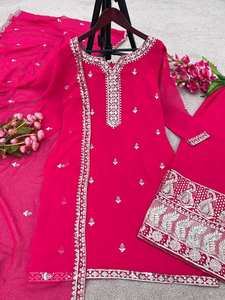 Beautiful Faux Georgette Heavy Embroidery Sequence Work Full Sleeve <b>Top</b> Pant Dupatta Set Modern Design 4 Season Women's Party - Product Image 4