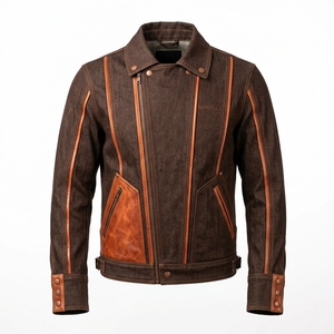 Blouson Biker Homme en Jean Brun Vintage Personnalisé avec Patchs en Cuir, Fermeture Éclair Asymétrique, Panneaux Matelassés, Style Western Moto, Vêtement d'extérieur OEM ODM - Product Image 1