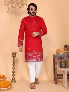 Ensemble Kurta Pyjama en Lin et Coton Durable avec Broderie et Sequins, Tenue Ethnique pour Hommes, Idéal pour Mariages, Festivals et Soirées - Product Image 5