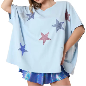 Women Oversized White Canvas T-Shirt Rhinestone Star Print Drop Shoulder O-Neck Regular Fit Spring Summer Quick Dry Anti-UV - Product Image 4