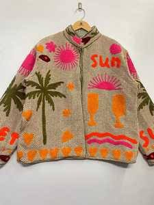 Chaqueta de Tweed Bordada con Palmeras Tropicales y Rayos de Sol, Estilo Boho, para Vacaciones, Abrigo Suzani - Product Image 3
