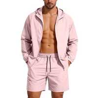 Ensemble short et sweat à capuche deux pièces pour homme, survêtement tendance, veste coupe-vent légère à blocs de couleur avec fermeture éclair, ensembles courts pour homme
