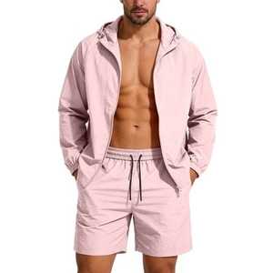 Ensemble short et sweat à capuche deux pièces pour homme, survêtement tendance, veste coupe-vent légère à blocs de couleur avec fermeture éclair, ensembles courts pour homme - Product Image 2