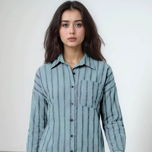 Vestido Casual de Oficina Color Verde Azulado con Estampado Floral, Cuello Camisero, Cierre de Botones, Bolsillo de Parche, Mangas Largas Enrollables - Product Image 1