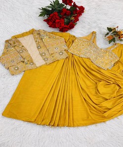 Yellow <b>Saree</b> <b>With</b> Embroidered <b>Jacket</b> Women's Traditional Wedding Ethnic Wear Floor Length Regular Fit Ready To Wear 82846 BB-59 - Product Image 5