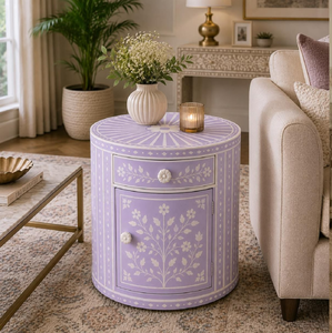 Table d'appoint ronde en os incrusté noir et blanc avec un tiroir et des étagères à plusieurs niveaux, disponible à prix de gros. - Product Image 3