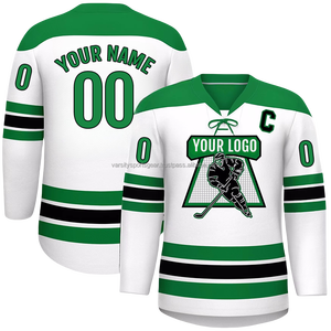 Maillot de hockey blanc, vert et noir, uniforme d'équipe personnalisé, sublimé, col en V, manches longues, numéro de joueur, nom, logo, maquette - Product Image 1
