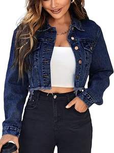 Veste en jean pour femme, unie, d'hiver, avec logo sur le devant, respirante, tricotée, à ourlet brut, à manches longues, boutonnée, avec poches, coupe classique - Product Image 1