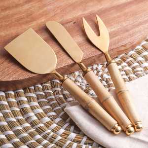 In Stock Wholesale Real Natural Bamboo Handle Salad Serving <b>Spoon</b> Fork Set Bamboo Handle Gold Cutlery for Hotel Wedding - Product Image 4