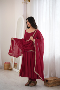 Robe Anarkali Pure Mal Chanderi avec dentelle miroir brodée à la main et dupatta, entièrement cousue, pour soirée (MPY 85) - Product Image 3
