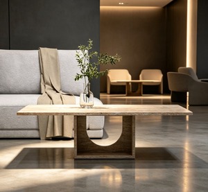 Mesa de Centro Moderna Minimalista de Madera con Tapa de Travertino, Muebles para Sala de Estar, Diseño Decorativo - Product Image 1