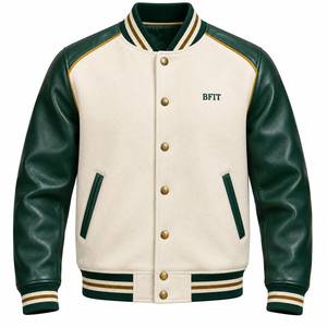Men's Green Wool/Polyester Varsity <b>Jacket</b> <b>Fleece</b> <b>Lined</b> Crew Neck Preppy Streetwear Winter Wear Color Blocking Embroidery - Product Image 1
