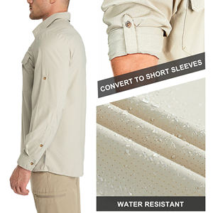 Chemise de randonnée unie pour homme, col rabattu avec poignets boutonnés, 100% séchage rapide, idéale pour les voyages et la randonnée, chemise homme en tissu mélangé. - Product Image 2