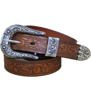 Top Quality Hand Carved Floral Embossed Designer <b>Western</b> Leather Tooling <b>Belt</b> With 3 Piece Antique Finish Floral Buckle Set - Product Image 2