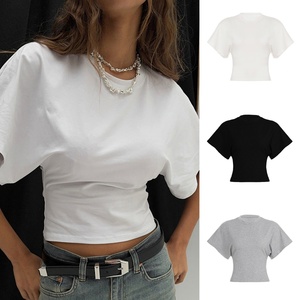 เสื้อยืดคอกลมแขนสั้นทรงแบทสูท สีพื้นเรียบง่าย สไตล์ลำลอง เหมาะกับหน้าร้อน มีหลายสีให้เลือกสำหรับผู้หญิง - Product Image 3