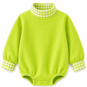 Quick Dry Infant Bodysuit With Checkered Collar And Cuffs Long Sleeve Solid Color Lightweight <b>Bubble</b> Romper Regular Fit For <b>Kids</b> - Product Image 1