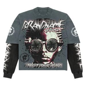 Haute qualité personnalisé DTG impression Vintage t-shirt Y2K mode Streetwear 2 en 1 hommes Double couche t-shirt surdimensionné Hip Hop t-shirt - Product Image 1