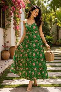 Robe midi vintage à imprimé floral en coton 100% pour femmes, taille naturelle, bretelles spaghetti |   Silhouette évasée respirante et écologique - Product Image 5