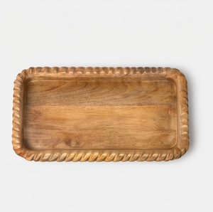 Unique Carved Rope Pattern <b>Wooden</b> Serving Tray Natural Hardwood Platter with Textured <b>Border</b> and Raised <b>Edge</b> - Product Image 3