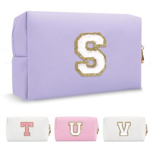 Borsa da Viaggio per Cosmetici in Pelle PU Viola Stile Preppy con Patch, Pochette Personalizzabile con Iniziale A-Z, Piccola Borsa per Trucchi con Cerniera - Product Image 1