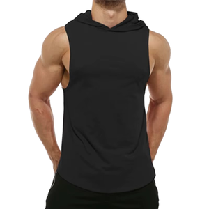 Camiseta sin Mangas con Capucha para Hombre, Color Sólido, Corte Regular Informal, Ropa Deportiva Negra - Product Image 1