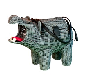 Blue Hippo Shaped Rattan Storage <b>Basket</b> Animal Design Decorative Organizer Plant Fiber Material Portable - Product Image 4