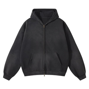 Sweat à capuche zippé en molleton de coton délavé effet soleil pour homme, 100% coton, vierge, coupe oversize, brodé, pour l'automne - Product Image 5