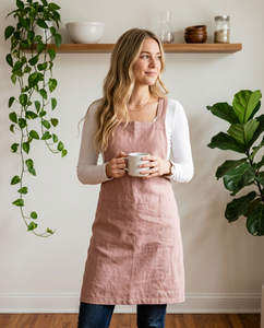 Pink Linen Unisex Adjustable Tie Waist Apricot Kitchen Cooking <b>Bib</b> <b>Apron</b> with Front Pockets Washable & Reusable for Cafe Bakery - Product Image 2