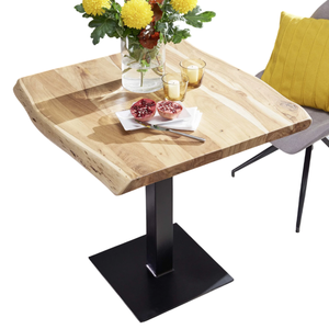 Table de salle à manger industrielle en bois d'acacia massif avec bord naturel, plateau de taille compacte et base en métal noir pour café, bistrot, bar et cuisine - Product Image 2