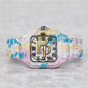 Montre analogique à quartz en acier inoxydable de haute qualité, entièrement sertie de pierres multicolores, cadran carré abstrait, résistance à l'eau 3 ATM - Product Image 6