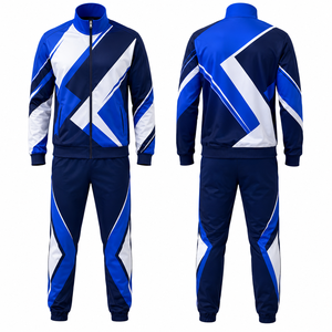 Ensemble de survêtement sportif bleu et blanc uni pour homme, avec fermeture éclair intégrale, séchage rapide, anti-plis, léger, en polyester, pour l'automne, avec poches latérales - Product Image 1