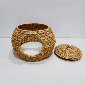 Nouvelle Conception - Niche Ronde pour Animaux de Compagnie en Jacinthe d'Eau avec Couvercle Plat - Style Simple et Respirant pour Petits Chats - Toutes Saisons - Product Image 6