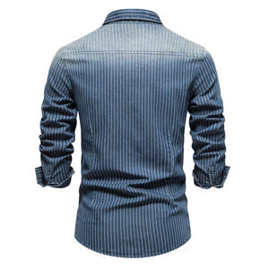 เสื้อเชิ้ตลำลองแขนยาวลายทางสำหรับผู้ชาย ปกคอพับ แขนยาว ผ้าฝ้าย 100% สำหรับใส่ในฤดูใบไม้ร่วง - Product Image 3