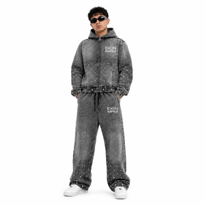 Custom Eco-Friendly Breathable Winter Sun Faded <b>Distress</b> Acid Wash All Print Rhinestone Full-Length Heavyweight Jeans Sweatsuit - Product Image 1