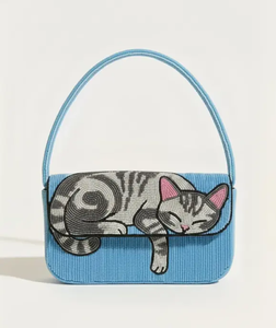 Bolso de Hombro Azul de Pana con Patrón de Gato Durmiente Bordado, Correa Única, Cierre Magnético, Bolso de Moda para Mujer - Product Image 1