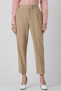 Pantalones de Pierna Recta con Pliegues y Cintura Alta en Color Beige, Estilo Minimalista, Largos, de Tela Tejida Antiarrugas - Product Image 2