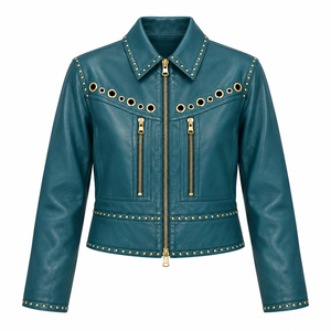 Chaqueta Bomber de Cuero Verde Azulado para Hombre, Corte Ajustado, Cuello Camisero, Cierre de Cremallera, Detalle de Remaches, Largo Regular, Invierno, Ecológica, Resistente al Viento - Product Image 1